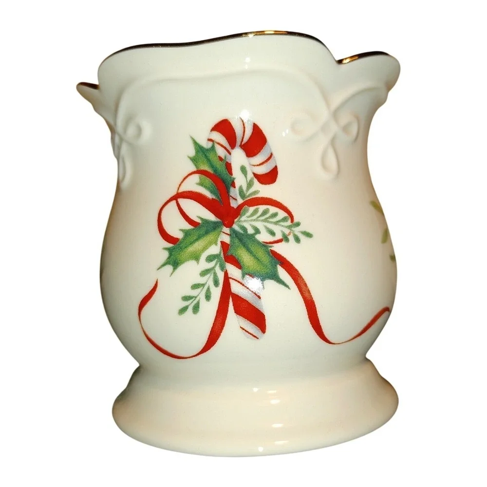 Lenox Holiday Candy Cane Votive Candle Holder Set 3 Ivory‎ Gold Trim Fine China